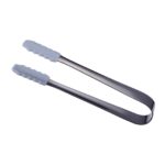 his locking tongs is made of stainless steel and silicone. Locking in the closed position design makes this tongs easy to store. It is safe for non-stick cookware and will not scratch your pots and pans. U shape handle design makes it not easy to fall off. Silicone non-slip design, it is easy and effortless to retrieve.