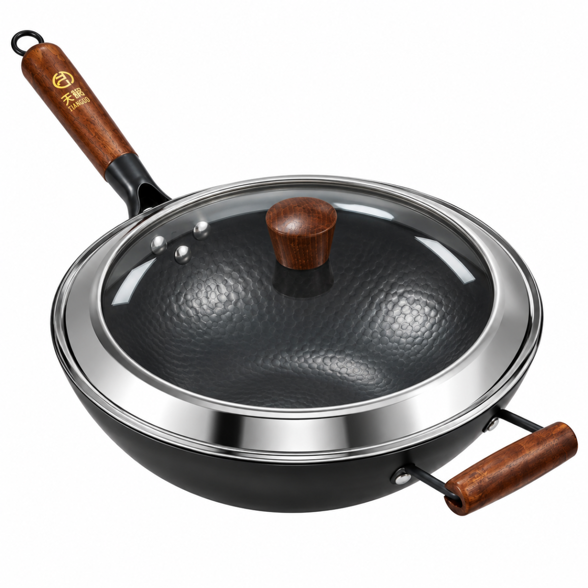 Carbon Steel Wok 34cm – Hammered Finish with Lid - Image 2